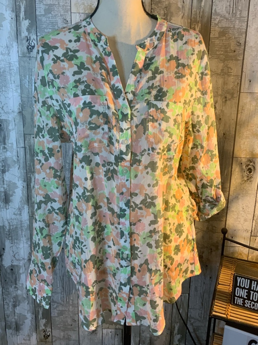 Carve Designs Pastel Floral Button-Front Blouse in Pink, Green, Cream